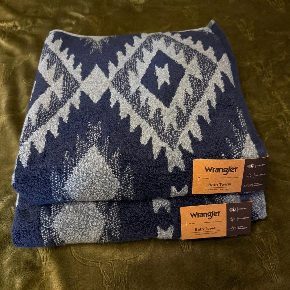 Wrangler Bath Towel Set 2 Canyon Ranch Blue NEW Southwestern Geometric Cotton